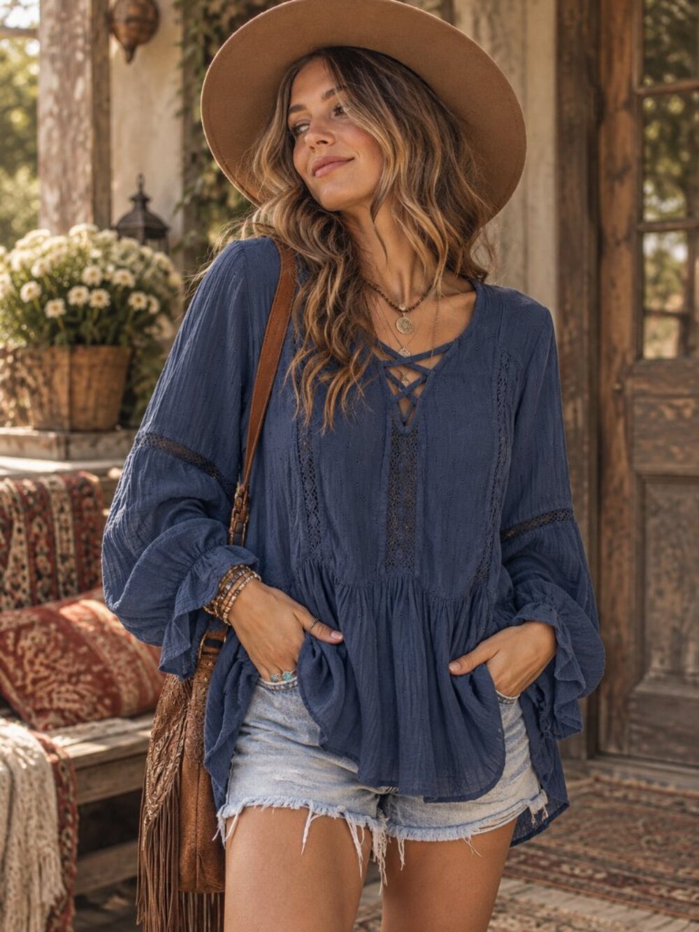 American Eagle Blue Lace-Up Boho Peasant Blouse